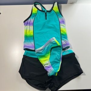 Gerry 3pc set bikini top, bottoms, swim shorts stripe teal black size 10